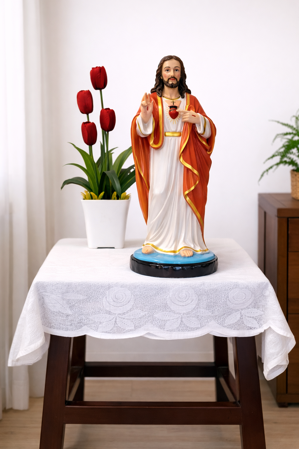 Sacred Heart Jesus Statue 15 Inch | Christian Prayer Room Decor | Fibre Religious Statue | Trinity Treasure