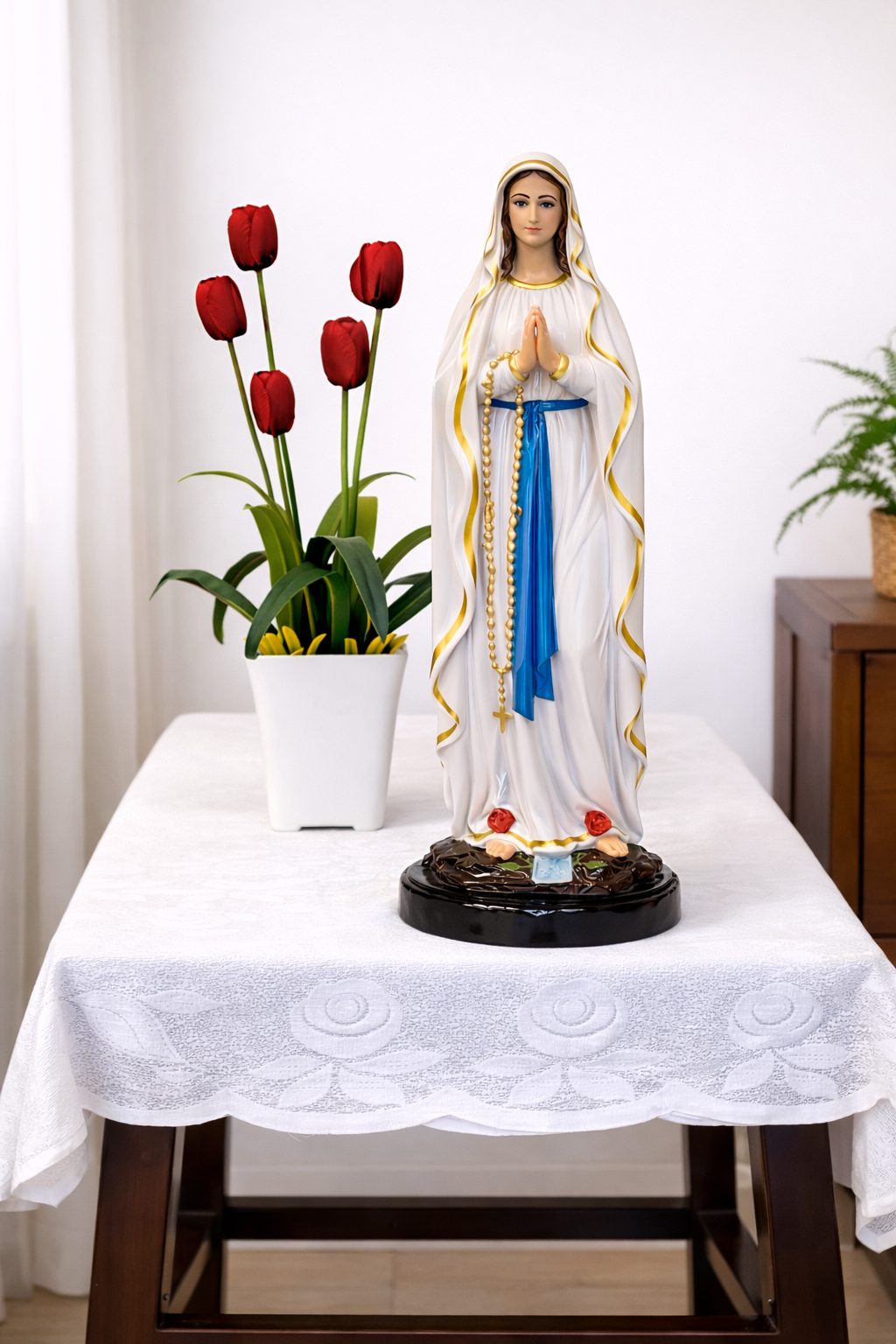 Mother Mary Lourdes Statue 15 Inch | Catholic Prayer Room Decor | Fibre Religious Statue | Trinity Treasure